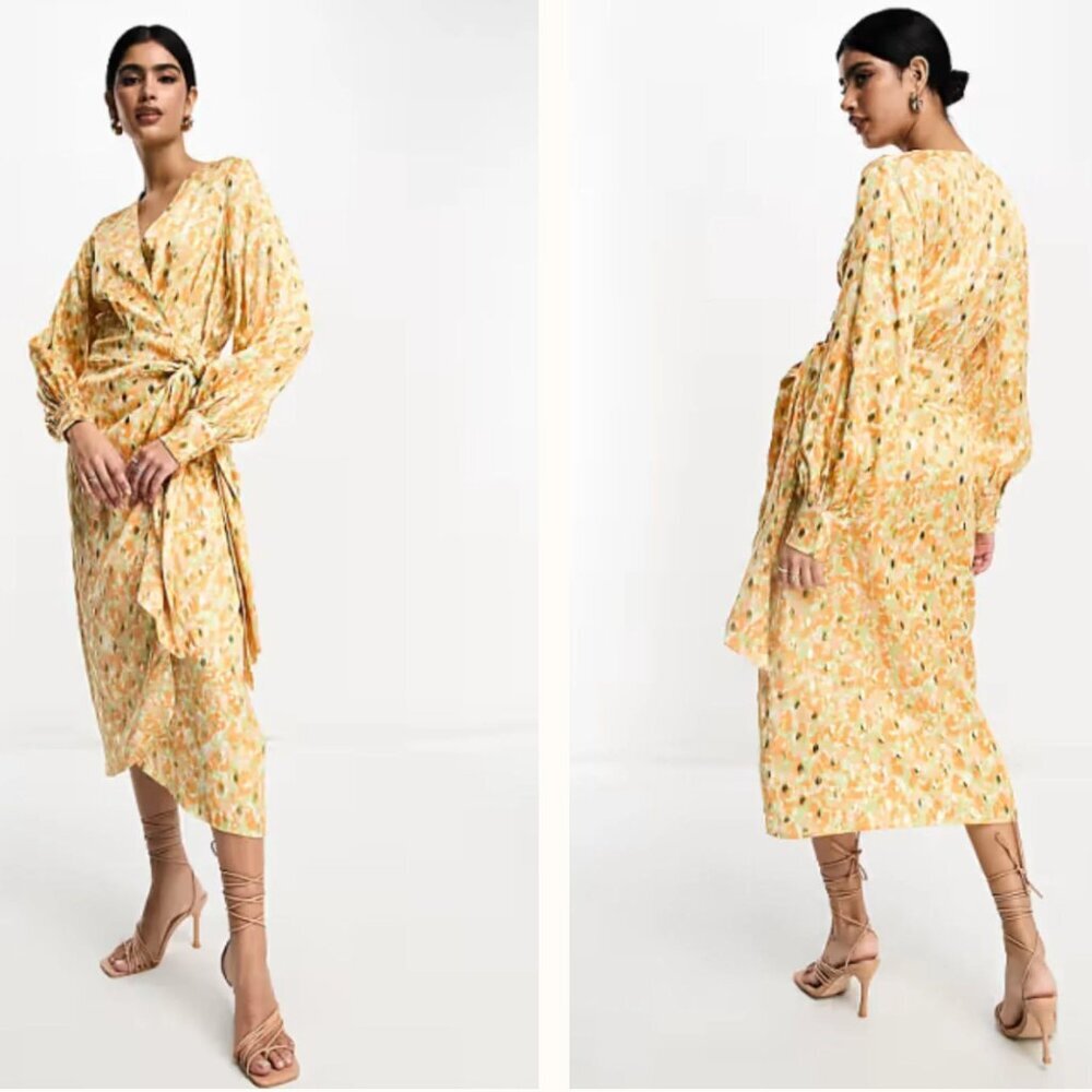 Never Fully Dressed Satin Wrap Vienna Midi Dress In Pastel Gold Mix Size US 8